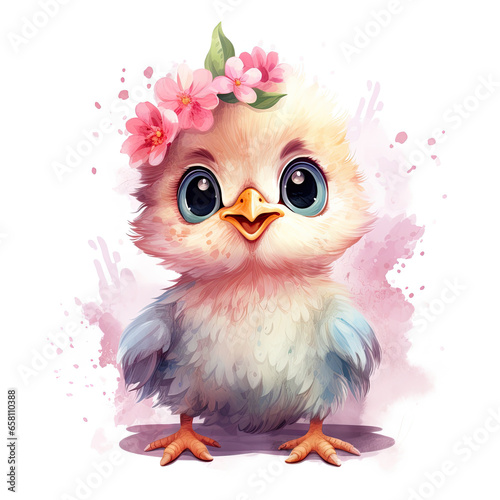 Cute chicken baby with flower Illustration, Generative Ai