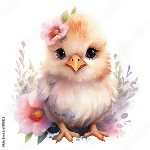 Cute chicken baby with flower Illustration, Generative Ai © Creative Artist