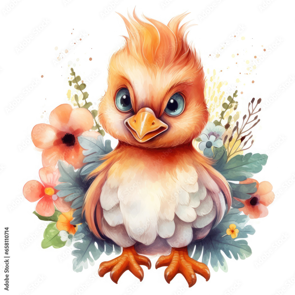 Cute chicken baby with flower Illustration, Generative Ai