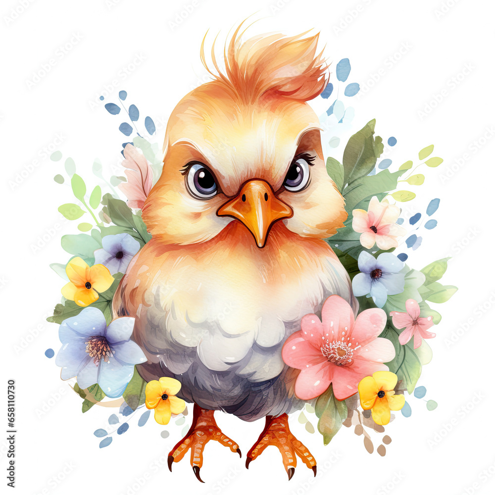 Fototapeta premium Cute chicken baby with flower Illustration, Generative Ai