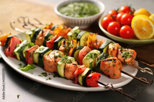 skewer set with tomatoes, zucchini, and salmon