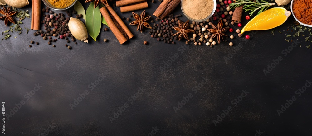 Spices like turmeric cardamom chili ginger star anise and cinnamon near blackboard on grunge background - obrazy, fototapety, plakaty 