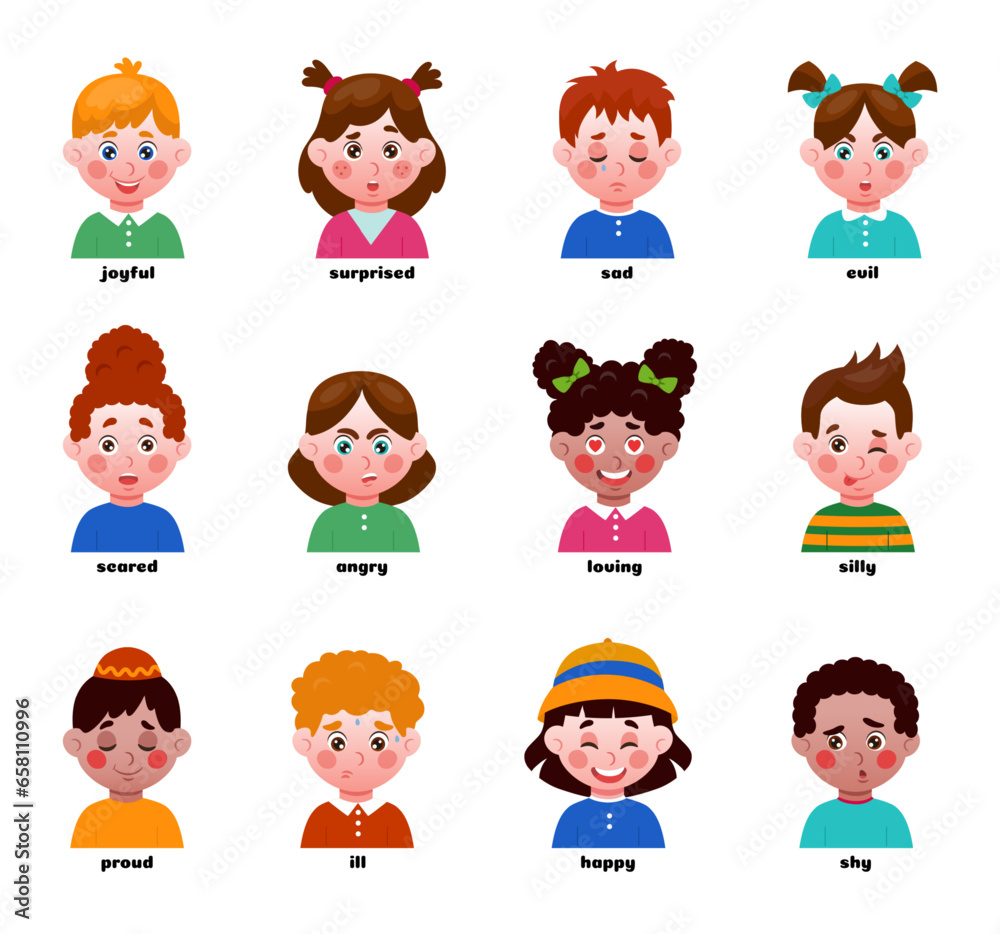 Children emotion expressions. Different faces. Angry or happy toddler head. Race diversity. Joyful girl. Sad boy. Young people portraits. Kids emoticons tidy clipart. Vector poster design Children emotion expressions. Different faces. Angry or happy toddler head. Race diversity. Joyful girl. Sad boy. Young people portraits. Kids emoticons tidy clipart. Vector poster design
