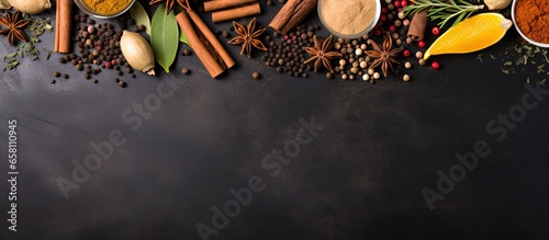 Spices like turmeric cardamom chili ginger star anise and cinnamon near blackboard on grunge background