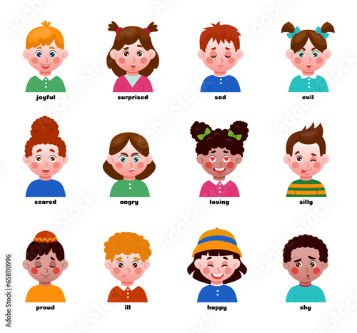 Children emotion expressions. Different faces. Angry or happy toddler head. Race diversity. Joyful girl. Sad boy. Young people portraits. Kids emoticons tidy clipart. Vector poster design