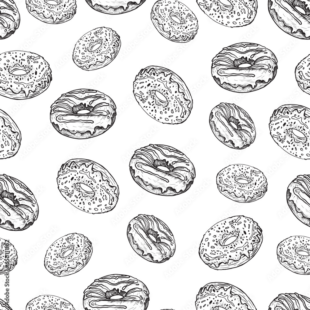 Pattern with buns, bread, hand-drawn. Vintage pastries, desserts made of wheat, coarse flour for a bakery or cafeteria. Background for cafe menu, for textiles.