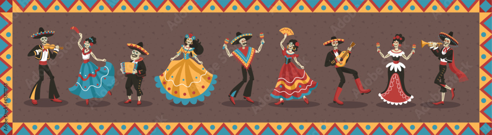 Fototapeta premium Mexican dead day. Mexico Halloween holiday. Muertos festival. Frida Kahlo dancing with Mariachi. Death Catrina poster. Skeleton musicians and dancers. Vector vintage tidy background