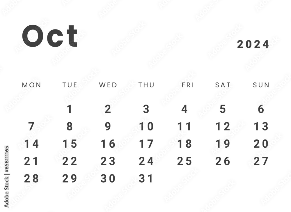 Template design of Monthly Calendar on october 2024. Vector layout minimal calendar with week start Monday. - obrazy, fototapety, plakaty 