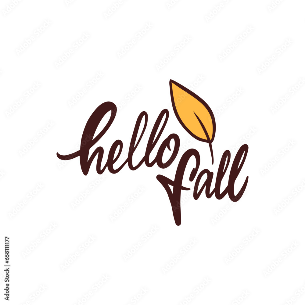 Fototapeta premium Hello Fall hand drawn brown color lettering phrase and yellow leaf.