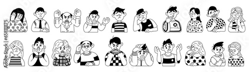 Doodle characters. People faces. Person emotion expressions. Outline sad woman. Funny man thinking. Crying girl. Confused guy. Monochrome heads. Vector cartoon sketch portraits set