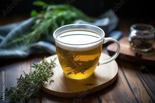 caffeine-free herbal tea in a mug on a nightstand