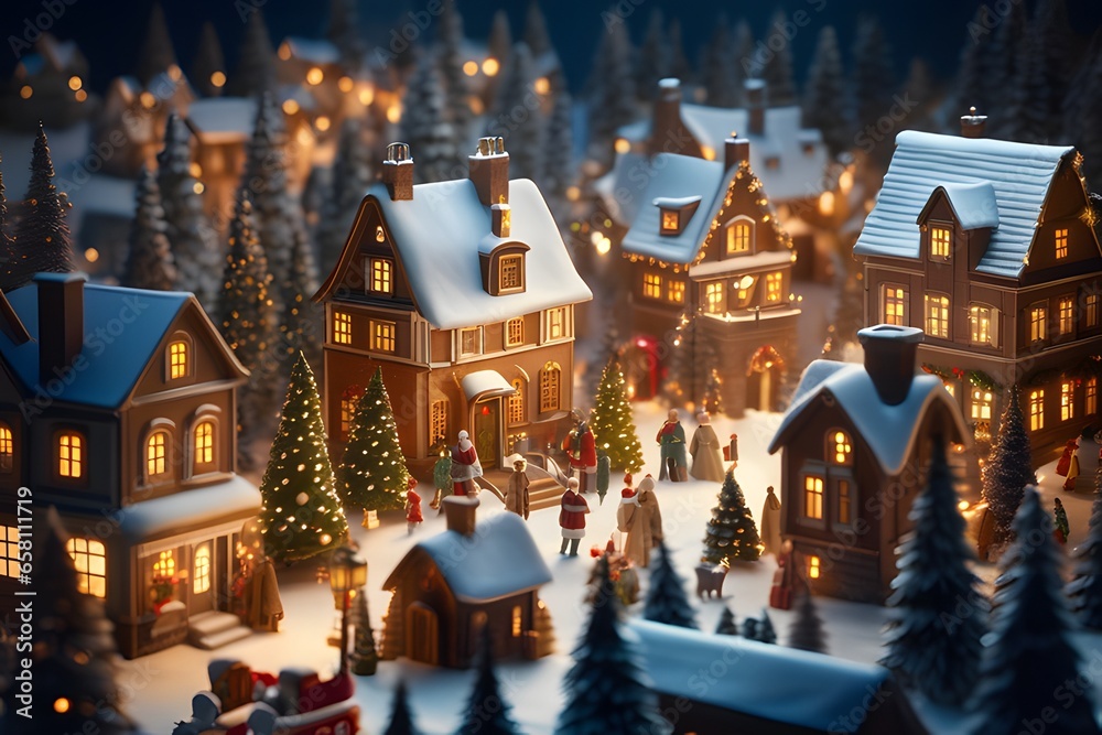 Fototapeta premium Illustration of Christmas village. A beautiful and magical winter city, straight out of a fairytale, with snow-covered rooftops. Happy new year. Winter landscape.