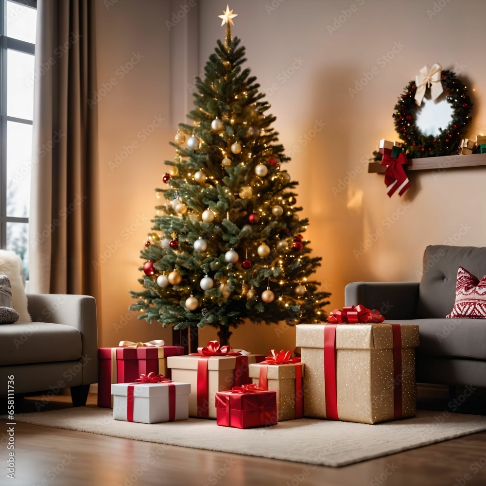 Christmas gifts under the Christmas tree. Stylish interior of cozy living room. Christmas decoration. Celebrate Xmas. Wrapped presents. Boxing day. Holidays shopping. Magical Moments. Generative AI. Christmas gifts under the Christmas tree. Stylish interior of cozy living room. Christmas decoration. Celebrate Xmas. Wrapped presents. Boxing day. Holidays shopping. Magical Moments. Generative AI.