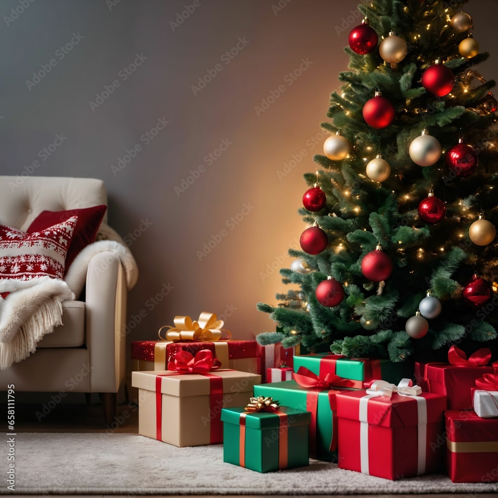 Christmas gifts under the Christmas tree. Stylish interior of cozy living room. Christmas decoration. Celebrate Xmas. Wrapped presents. Boxing day. Holidays shopping. Magical Moments. Generative AI.