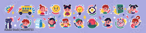 School stickers. Kid learning. Back to science icon. Study doodles. Happy children. Boy and girl faces. Fun education. Stationery or snacks. Books in backpack. Vector tidy elements set
