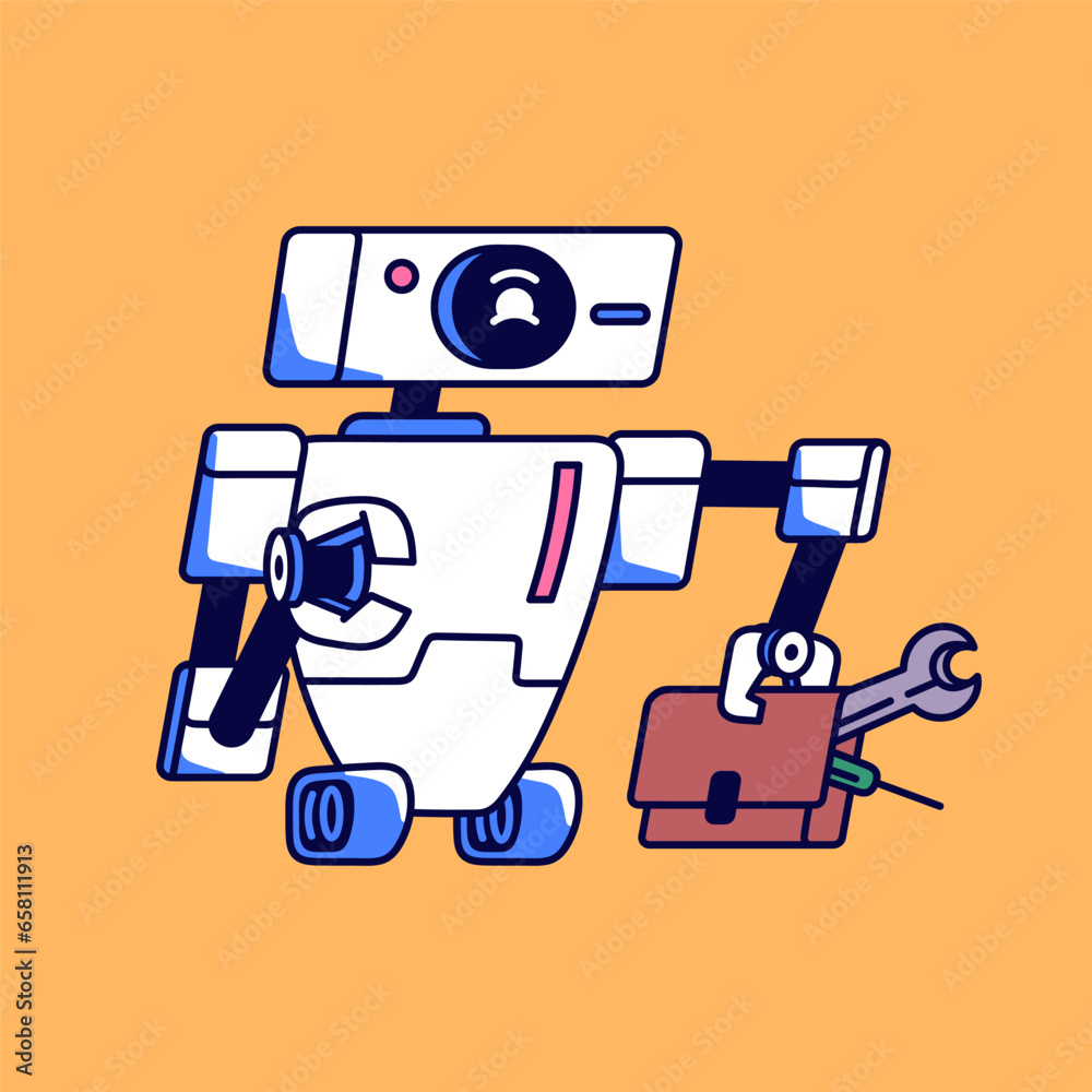 Cute robot with funny face for repair, fix service. Smart computer mechanic with engineer tools, spanner. Repairman humanoid of electronic tech. Future technology. Flat isolated vector illustration