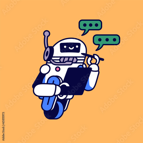 Happy robot writing, take notes. Conversation with AI, artificial intelligence in chat bot. Chatbot assistant, helper answer questions in messenger. Modern technology flat isolated vector illustration