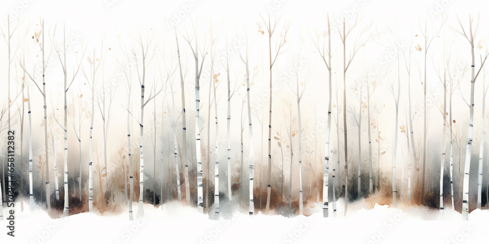 Watercolor American Aspen Trees in Colorado Rocky Mountains, Featuring Black and White and Orange Tree Trunk on White Background. Snowy Winter Christmas Banner with Birch Grove in the Winter Season. - obrazy, fototapety, plakaty 
