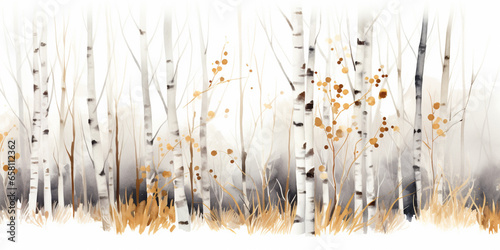 Watercolor American Aspen Trees in Colorado Rocky Mountains, Featuring Black and White and Orange Tree Trunk on White Background. Snowy Winter Christmas Banner with Birch Grove in the Winter Season. photo