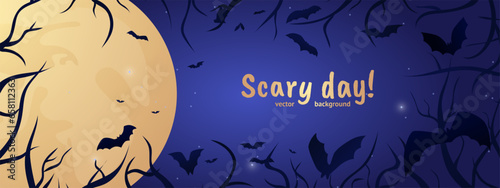 Scary day. Halloween poster. Moon and flying bats. Dark sky. Night stars. Bare tree branches. Spooky landscape. Horror and fear. Twilight at creepy cemetery. Vector background design