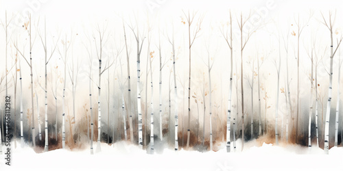 Watercolor American Aspen Trees in Colorado Rocky Mountains, Featuring Black and White and Orange Tree Trunk on White Background. Snowy Winter Christmas Banner with Birch Grove in the Winter Season. photo
