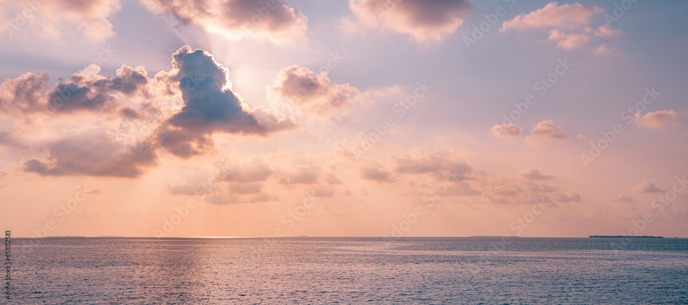 Dramatic colorful sunset sky over Mediterranean sea. Clouds sunrays. Cloudscape nature background. Panorama seascape, relaxing bright peaceful nature pattern. Majestic ocean view, calm water surface