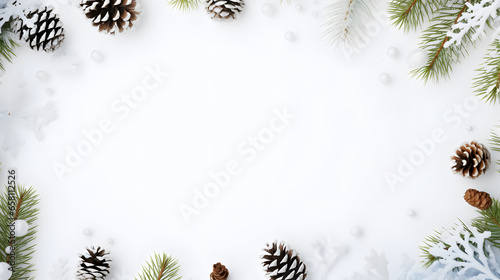 Christmas greeting card. Christmas frame border with copy space. Noel festive background. New year symbol. Fir branches snow and pine cones. Minimal flat lat xmas design