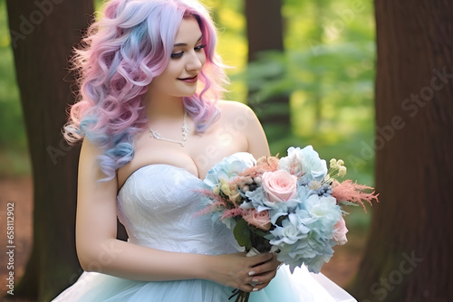 cute buxom bride with blue and pink hair with a beautiful bouquet photo