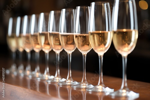 a line of sparkling wine glasses filled precisely