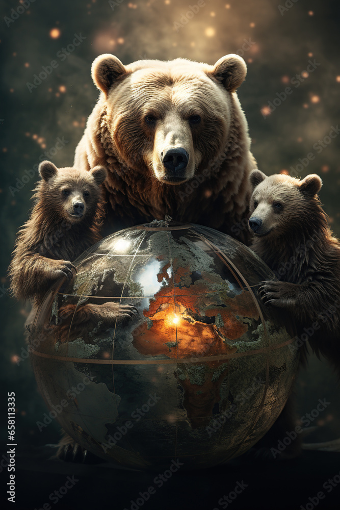 Brown bear holding a earth globe in hands, World animal day,  wild animal ecosystem, AI Generative.