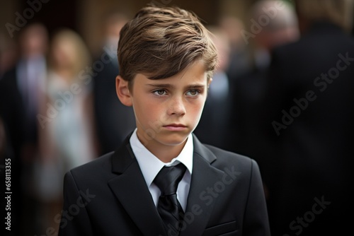 Little boy in a black suit with a funeral bouquet of flowers