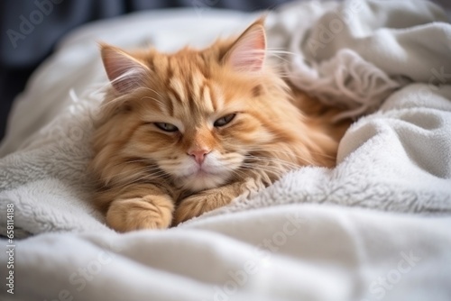 a fluffy healthy cat sleeping curled in a cozy bed