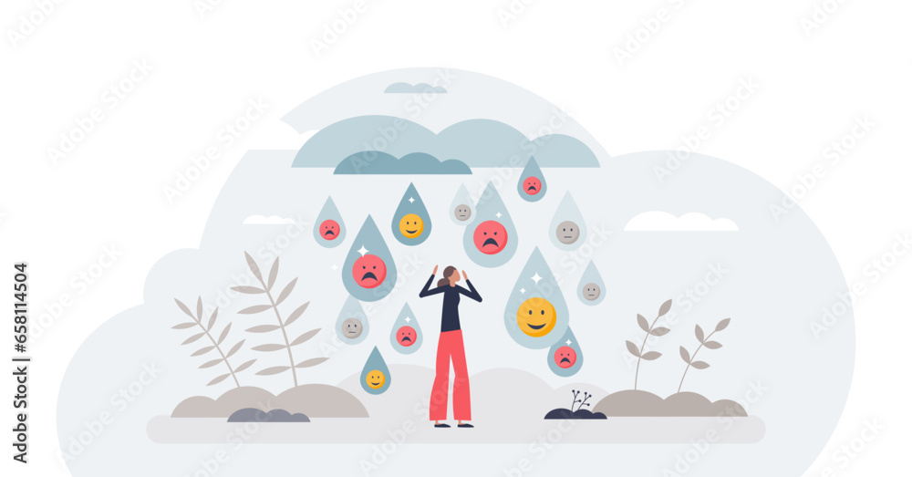 Emotions and weather as unpredictable feelings impact tiny person concept, transparent background. Fast psychological mood change with various facial expressions inside raindrops illustration. Emotions and weather as unpredictable feelings impact tiny person concept, transparent background. Fast psychological mood change with various facial expressions inside raindrops illustration.