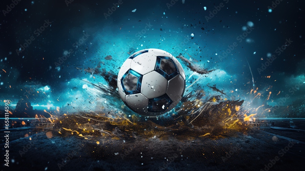 Fototapeta premium background with moving soccer ball around splashing drops on stadium field. sport design.AI.