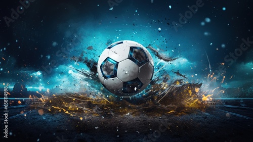 background with moving soccer ball around splashing drops on stadium field. sport design.AI. © yana136