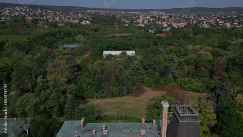 Aerial view of the historic Euxinograd palace in Varna, Bulgaria. Admire the grand architecture and lush gardens of this magnificent estate, situated along the beautiful Black Sea coast. Drone flight photo