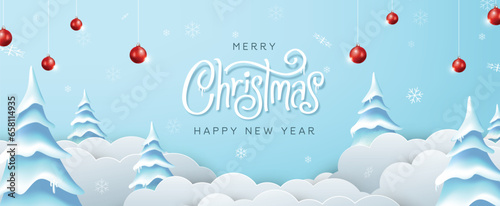 Winter christmas banner composition in paper cut style. Merry Christmas text Calligraphic Lettering Vector illustration.
