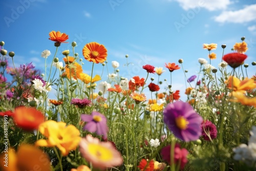 variety of colorful flowers in a field under a clear sky
