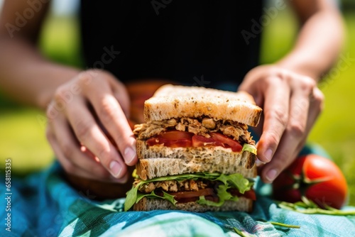 hand gripping tempeh sandwich on a picnic in the park