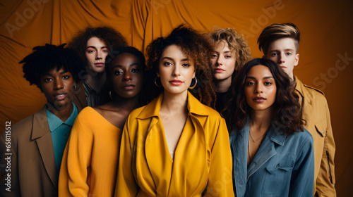 Diverse Group Posing Against a Vibrant Yellow Background