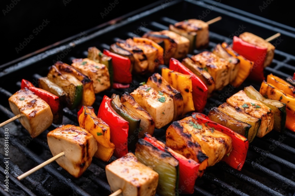 up-close photo of char-grilled tofu skewers