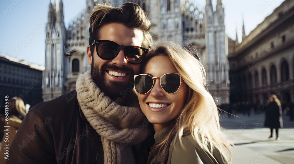 Fototapeta premium Couple Taking a Selfie with Milan's Duomo Cathedral