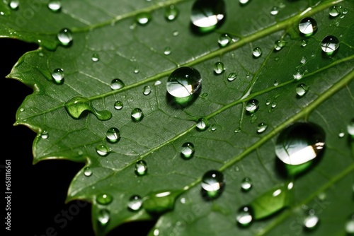 close up of several clear droplets on a leaf