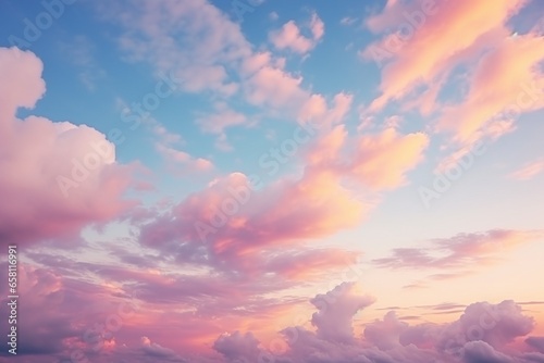 Cinematic Sunset: Beautiful Natural Background with Blue Sky and Pink Fluffy Clouds, Pastel Colors, and Excellent Lighting