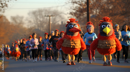 Runners of all ages participate in a Turkey Trot race, decked out in festive attire, promoting health and community on Thanksgiving. It's a display of awesome holiday fitness.