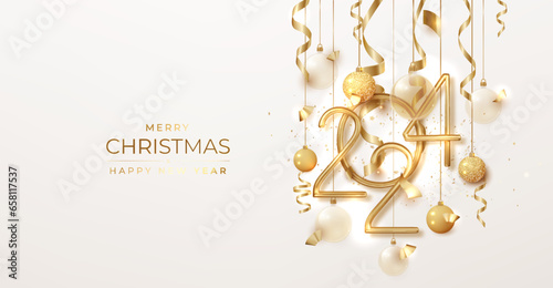2024 Happy new year background. Golden numbers and Christmas decoration with shiny lights. Holiday greeting card template