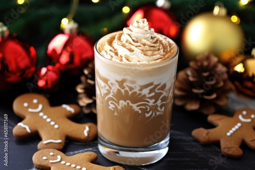 gingerbread latte surrounded by holiday decorations