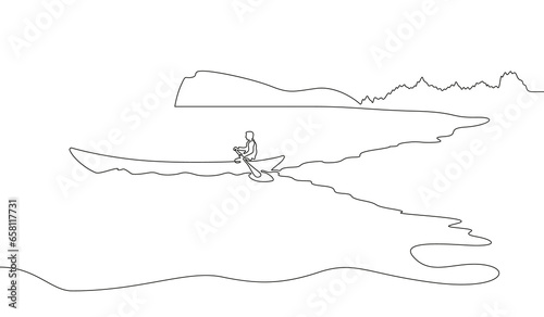 Man in a boat. The boat is floating on the river. Bay.Cape. Forest landscape. Wooden boat with oars.One continuous line. Linear. Hand drawn, white background.