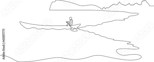 Man in a boat. The boat is floating on the river. Bay.Cape. Forest landscape. Wooden boat with oars.One continuous line. Linear. Hand drawn, white background.