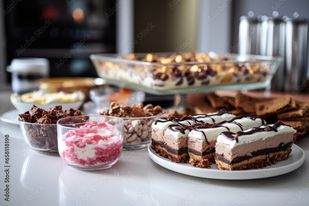 an array of leftover boxing day desserts on a kitchen counter